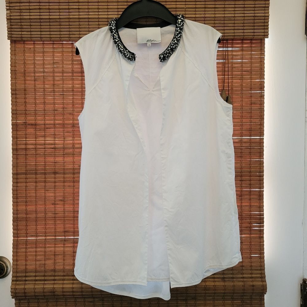 Phillip Lim white top shirt beaded black collar - Picture 2 of 10
